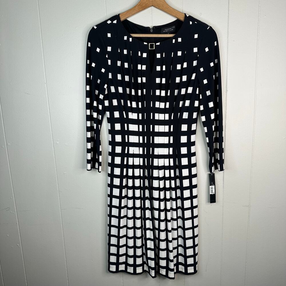 Tahari Womens 4 Black White Grid Print Sheath Dress Long Sleeve NEW Professional
